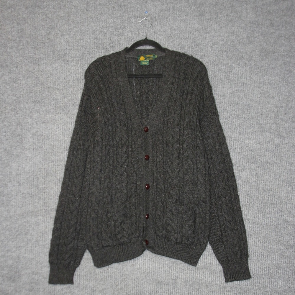 Peregrine Cable Knit Cardigan Sweater Mens L Charcoal Gray Wool‎ Made in England